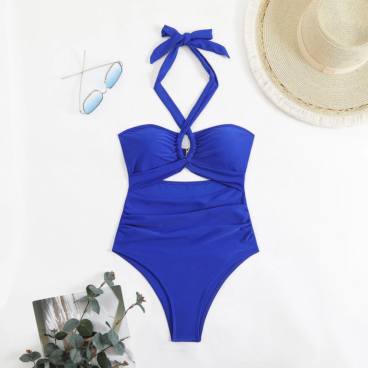 Women Swimsuit Halter Neck Solid Swimsuit Backless Waist Cinching Bathing Suit Ruched Bust High Cut Swimwear Black Woman