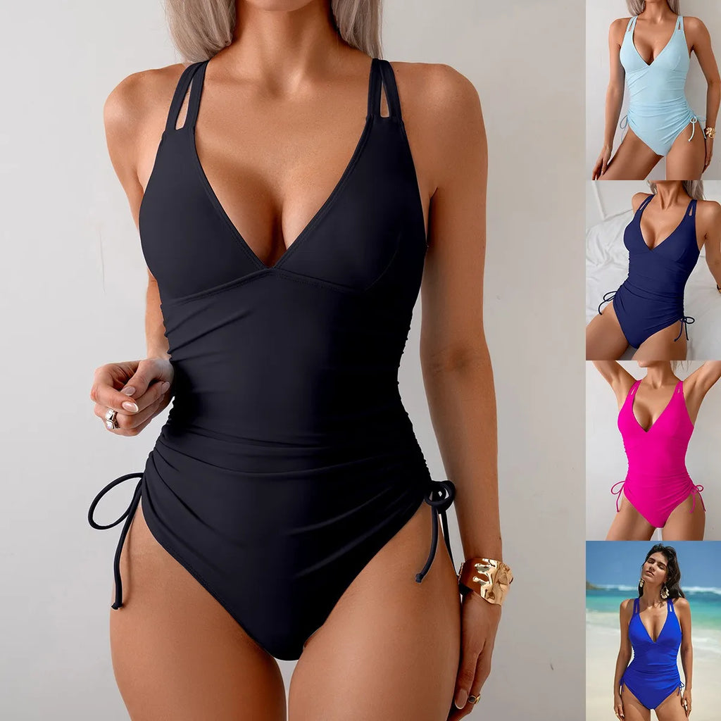 V-Neck Ruched Waist One-Piece Swimsuit
